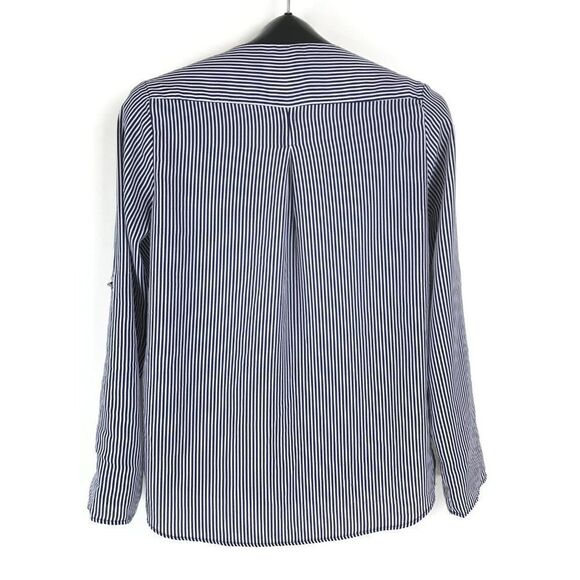 Zara Basic Striped V-Neck Blouse Women’s Size XS Embellished Roll Tab Sleeves - Picture 4 of 12
